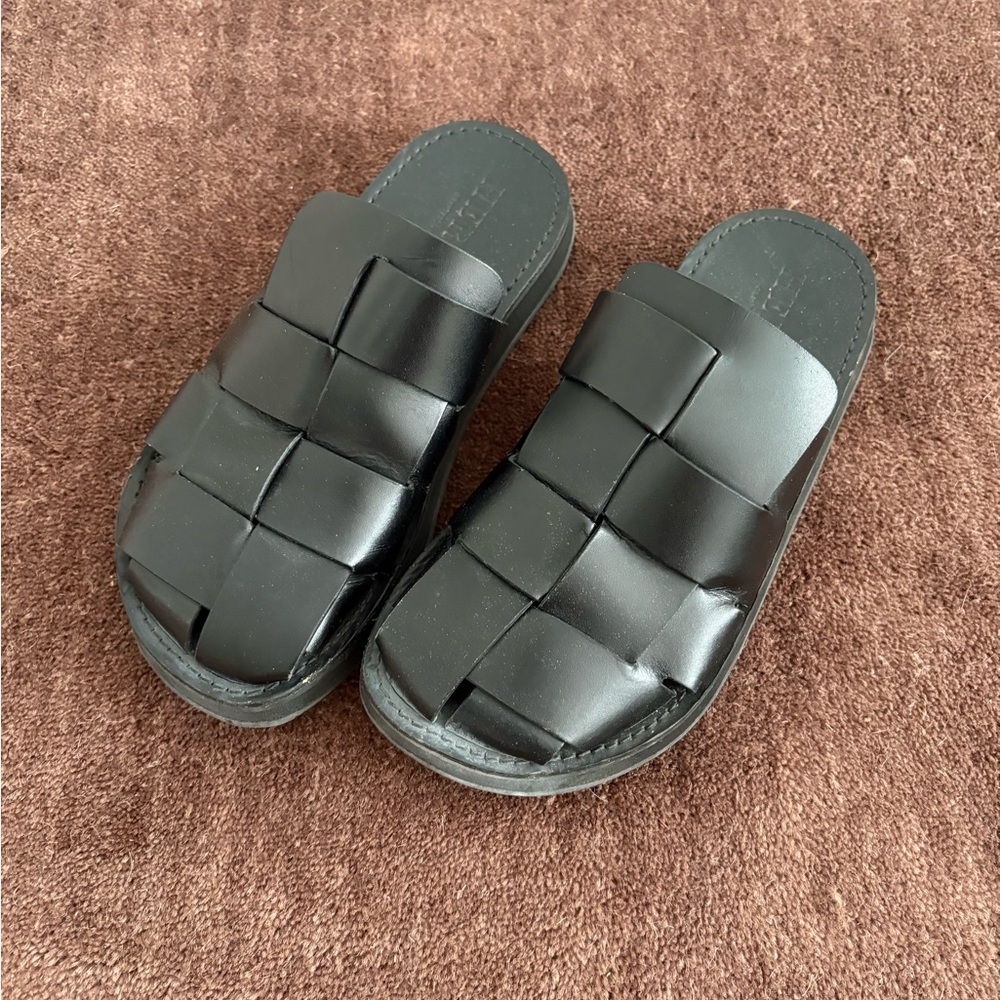 Black Woven Leather Mules